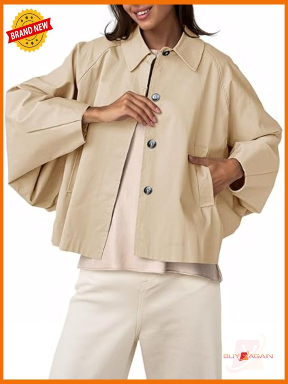 Cropped Jacket Lightweight Batwing Sleeve Casual Short Trench Coat Button Up